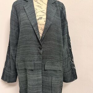 Woven Open-Weave Sleeve Long Blazer Jacket - Dark Teal